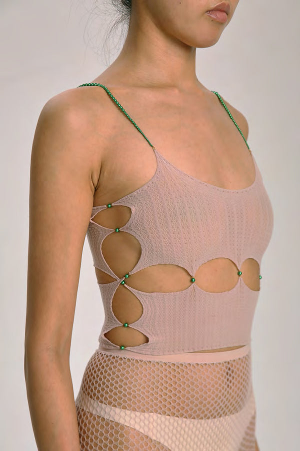 Rui Zhou R001 series crystal pearl chain camisole RUI-SS21-R001-OUHE Misty rose